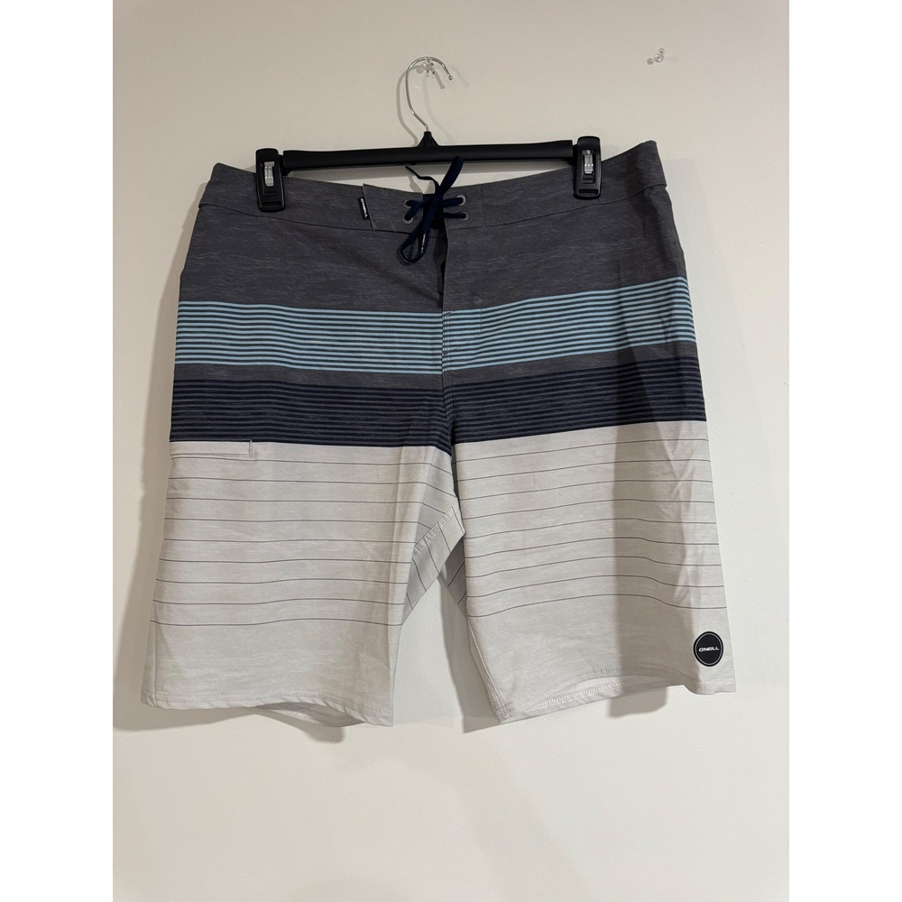 O'Neill Hyperfreak Board Shorts Mens 36 Grey Blue Striped Performance Swimwear